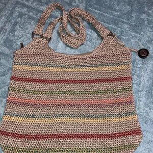 The Sak Crocheted Hobo Tote in Natural with Red, Yellow, Green and Blue Stripes